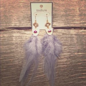Matte gold with pink crystal grey feather earrings